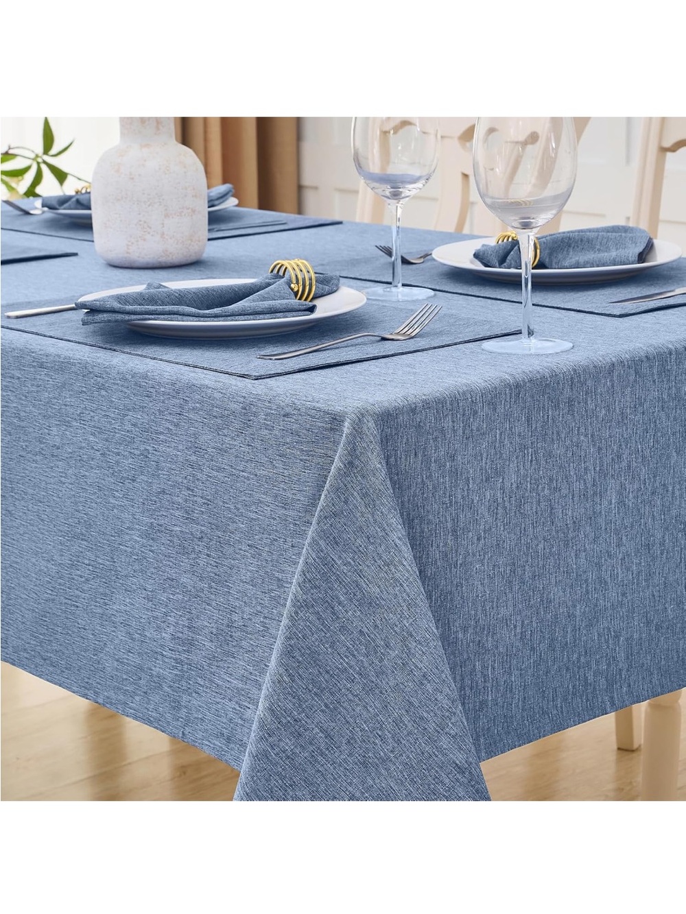 NEW Faux Linen Farmhouse Stainproof Waterproof Washable Tablecloth. Denim Blue